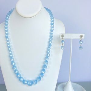 Vtg Light Blue Moon Glow Necklace Set, Thermoset Lucite Necklace and Earrings